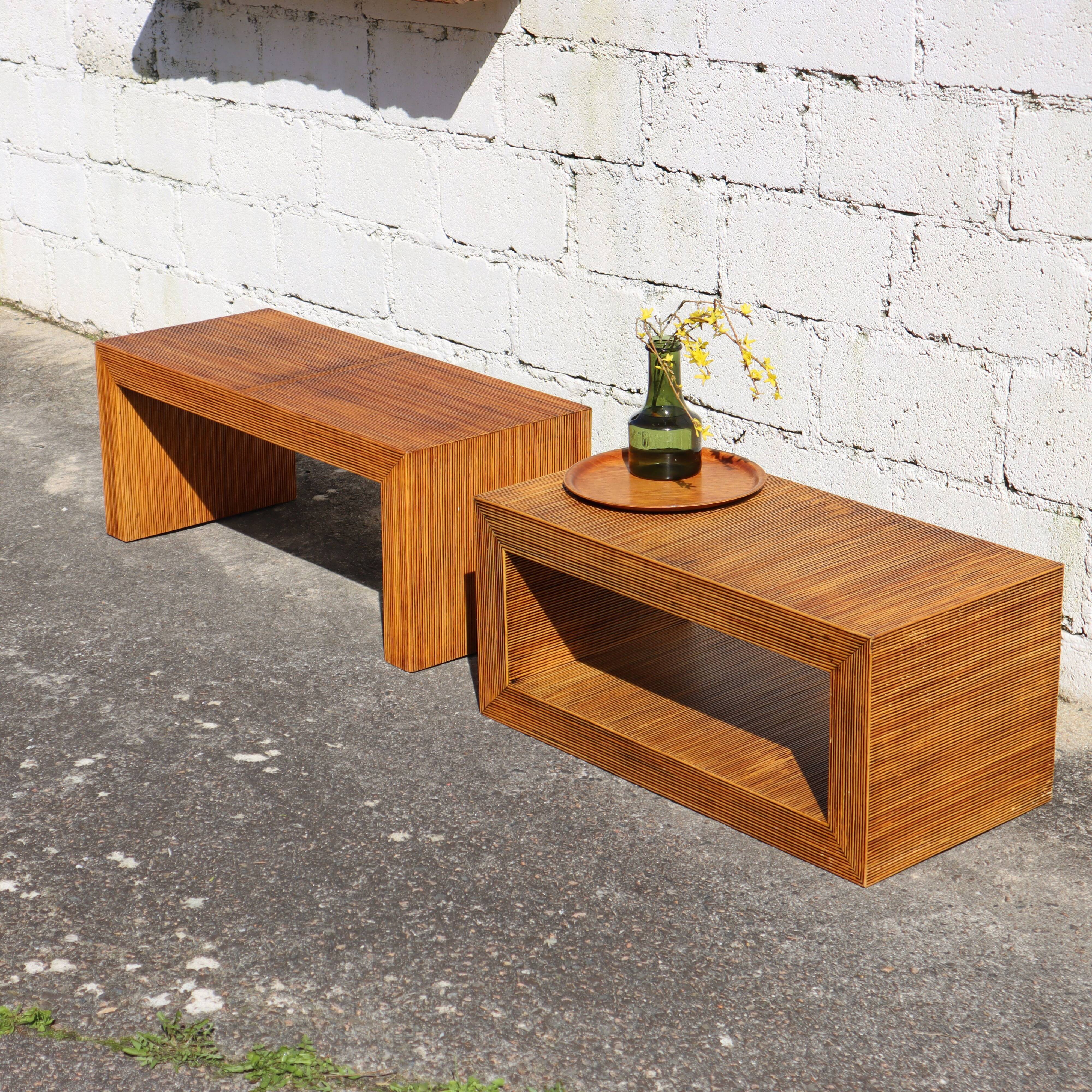 Set French Vintage Rattan Coffee Tables-2 Cuboid Deck Tables-80s