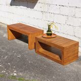 Set French Vintage Rattan Coffee Tables-2 Cuboid Deck Tables-80s