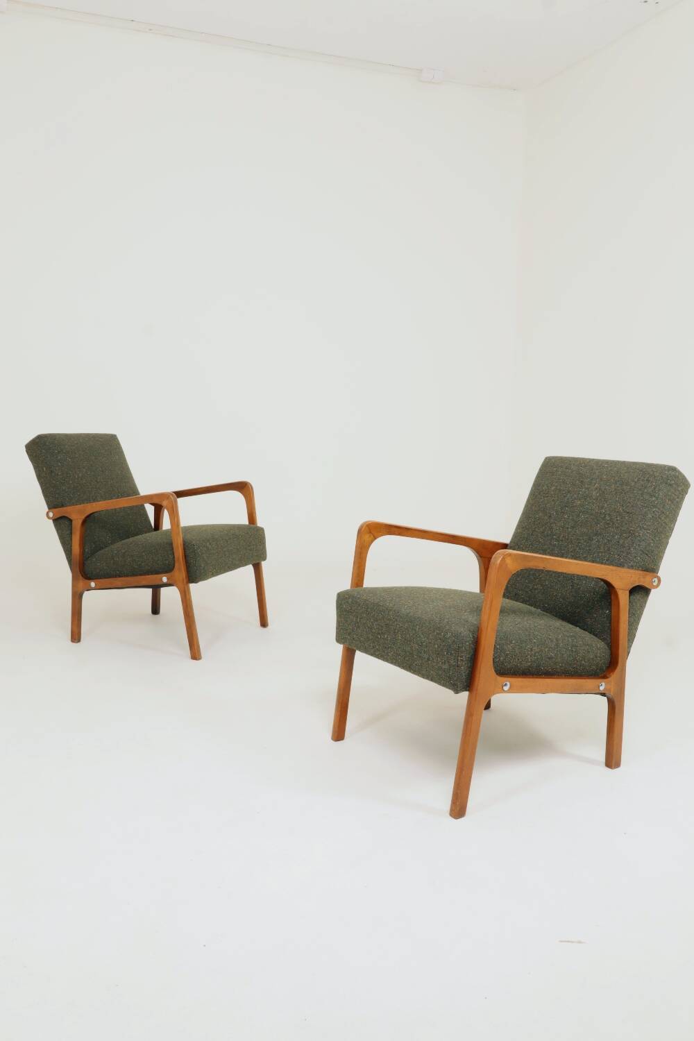 Vintage Pair Armchair Avocado Green Tweed Upholstery, 1960, Poland