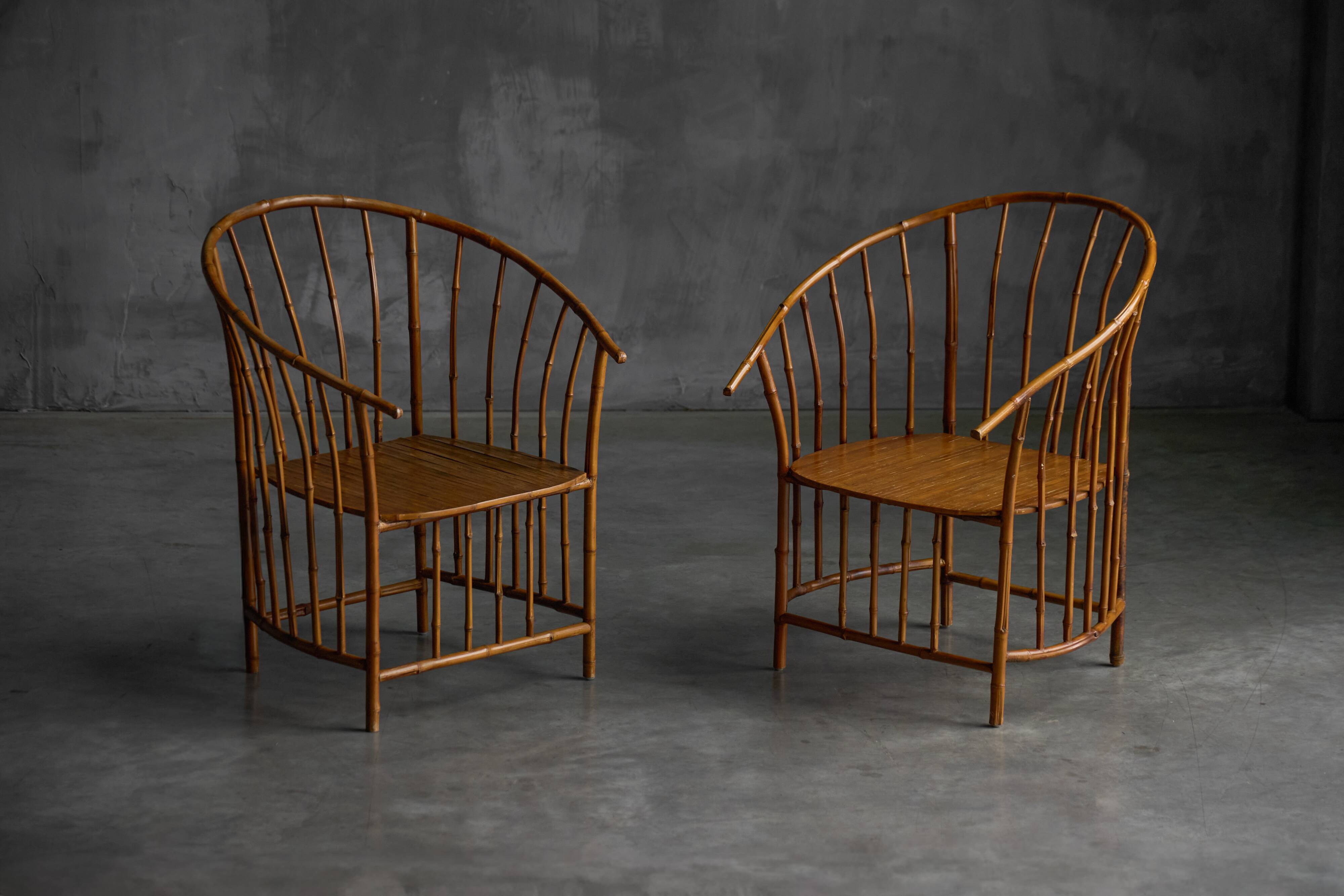 Rustic Wabi Sabi Bamboo Armchairs, France, 1970s