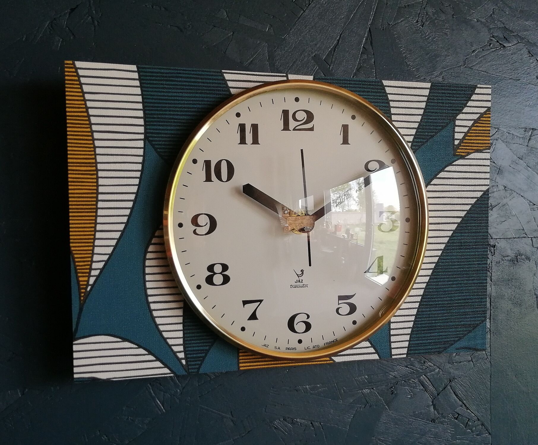 Vintage clock rectangular silent wall clock "Jaz blue white ochre"