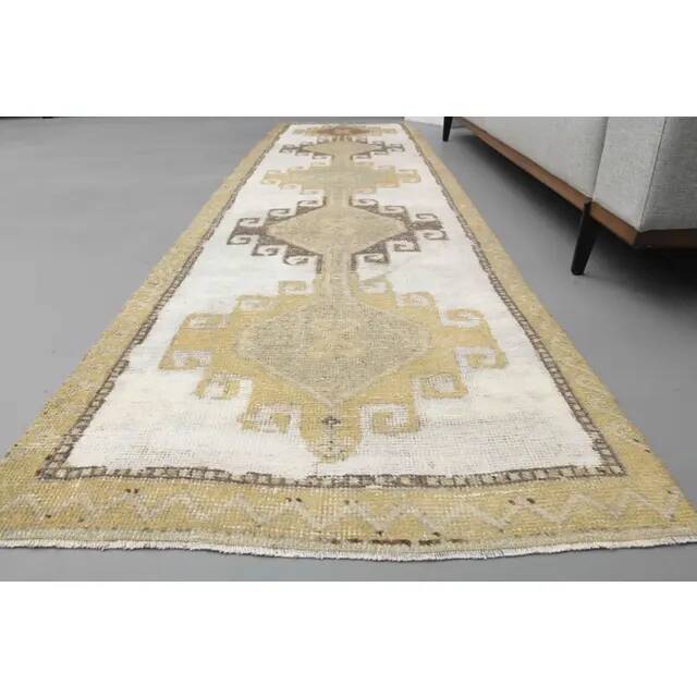 1970s Turkish Hand-Knotted Wool Cotton White Runner Rug 92x322
