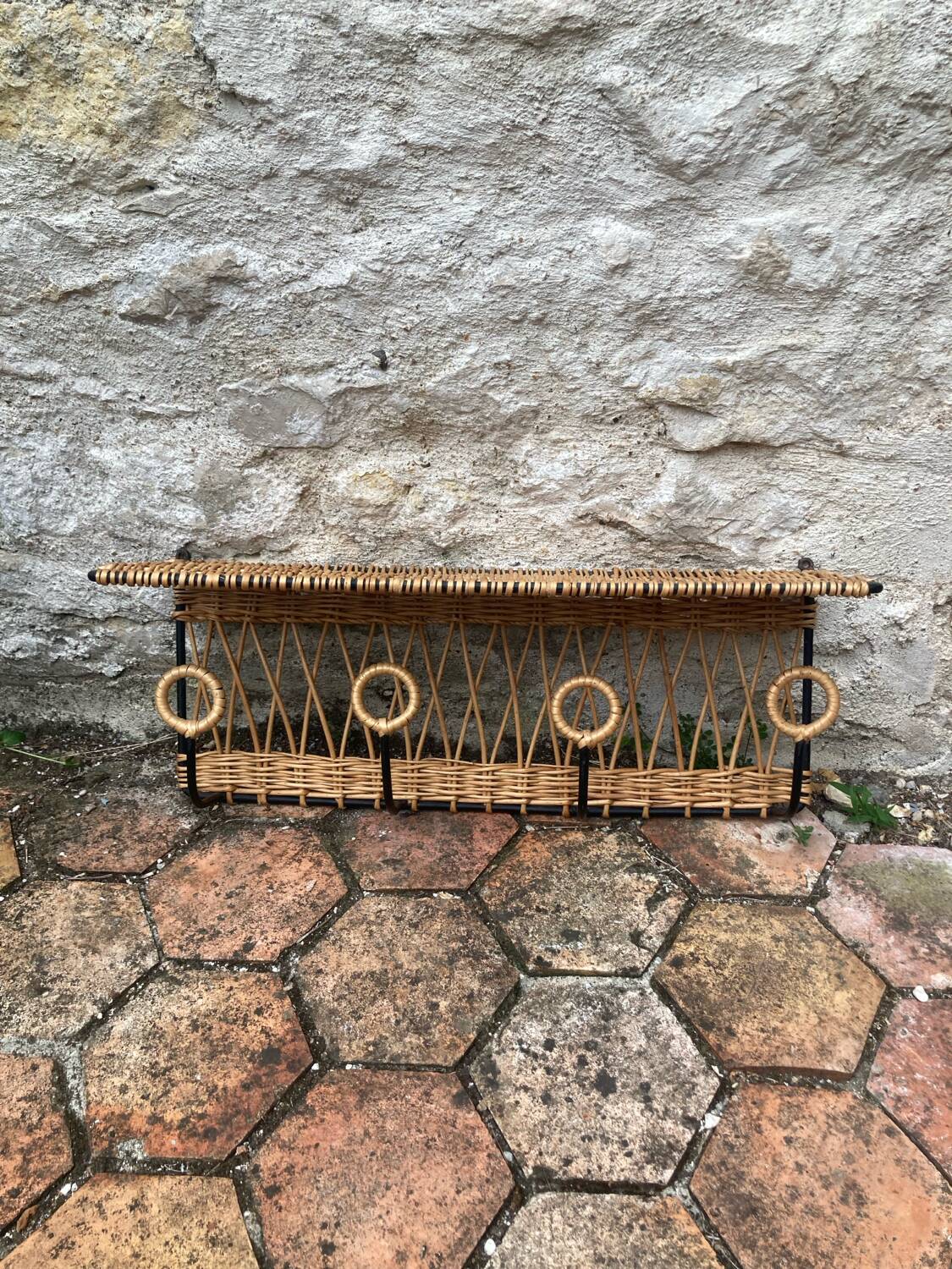 Vintage rattan wall coat rack