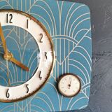 Vintage thermometer clock rectangular silent wall pendulum "Golden blue"