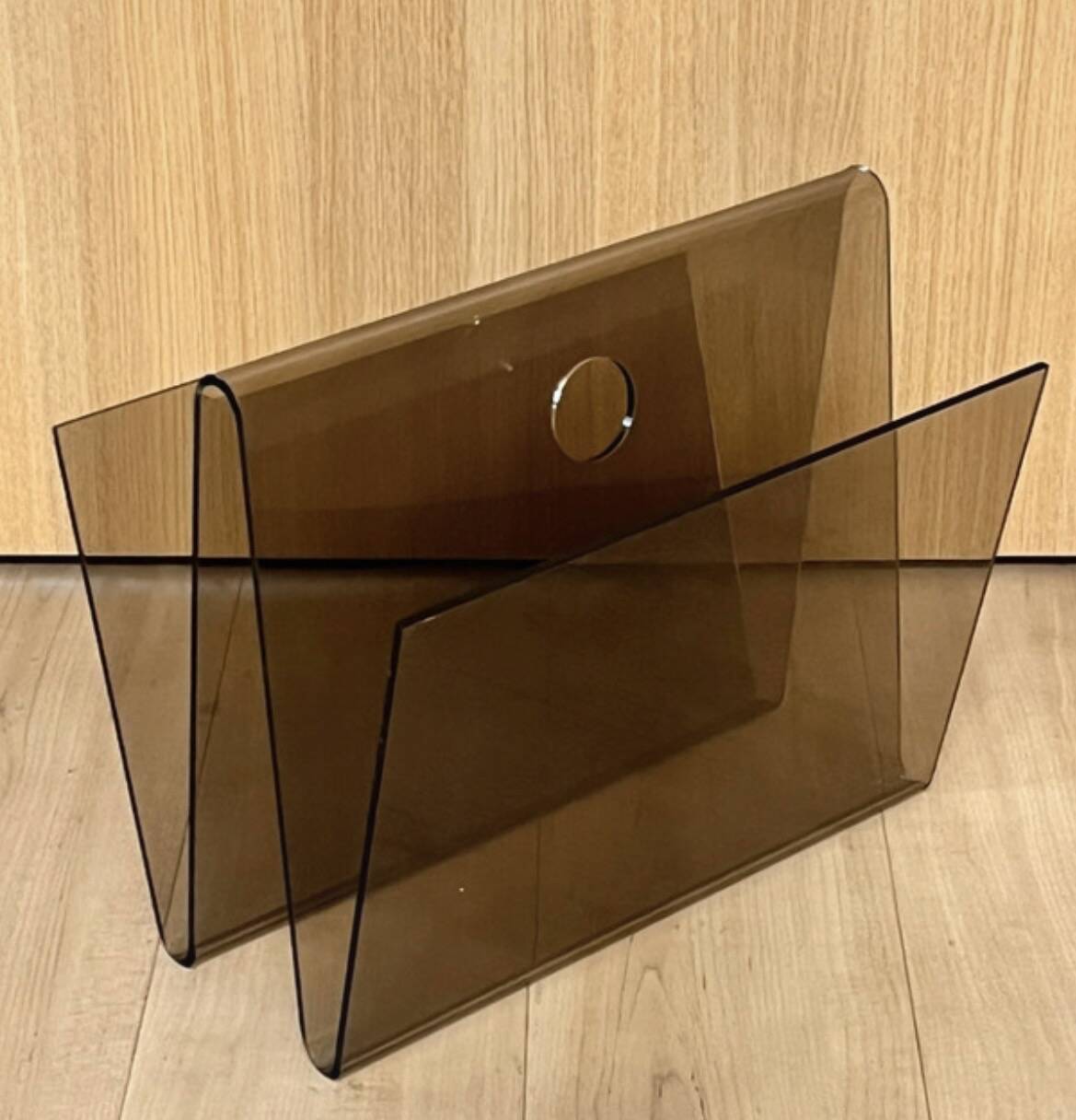 Smoked plexiglass magazine rack in the style of Michel Dumas, France, 1970s.