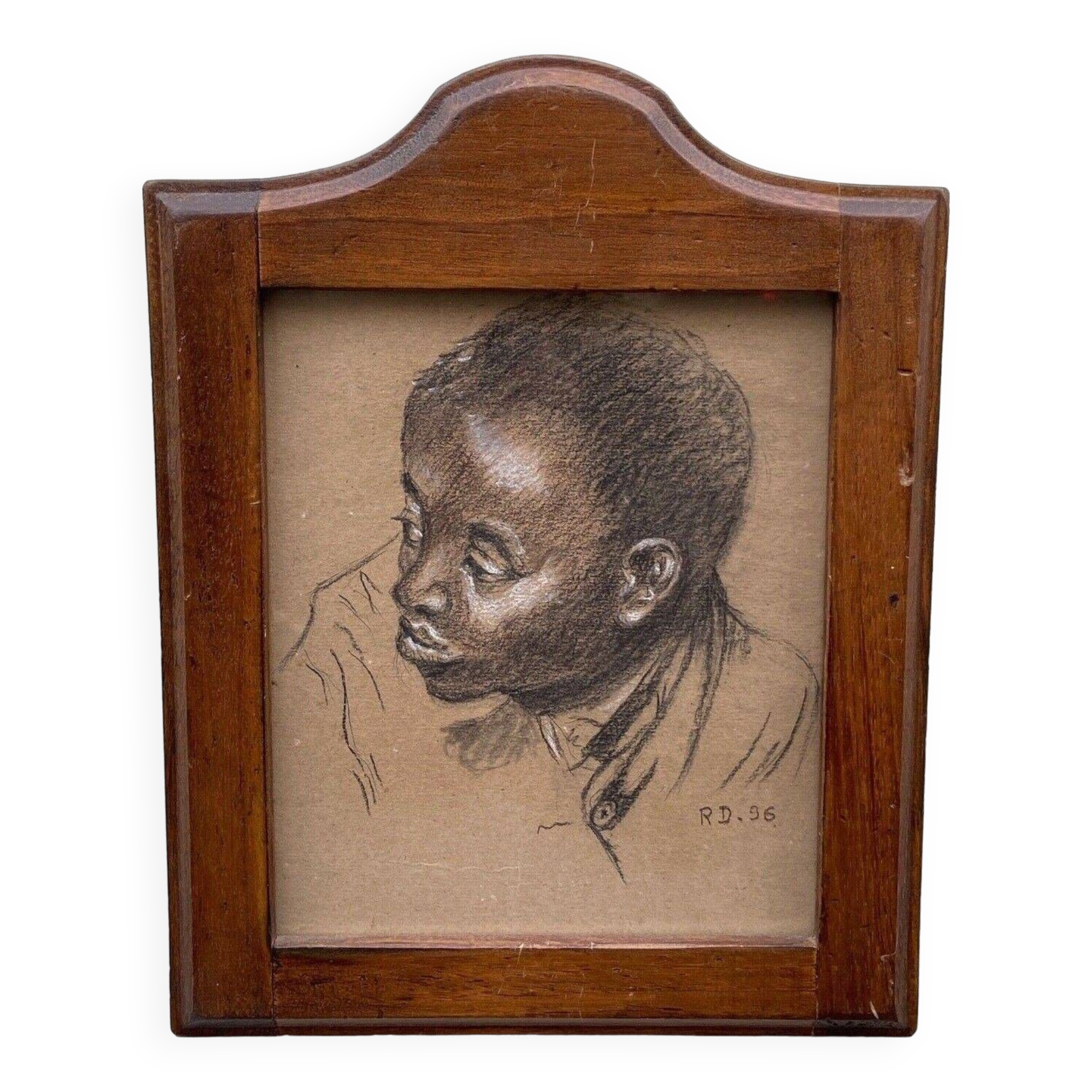 Old painting portrait of black boy in charcoal wooden frame signed RD 96