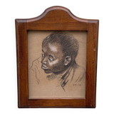 Old painting portrait of black boy in charcoal wooden frame signed RD 96
