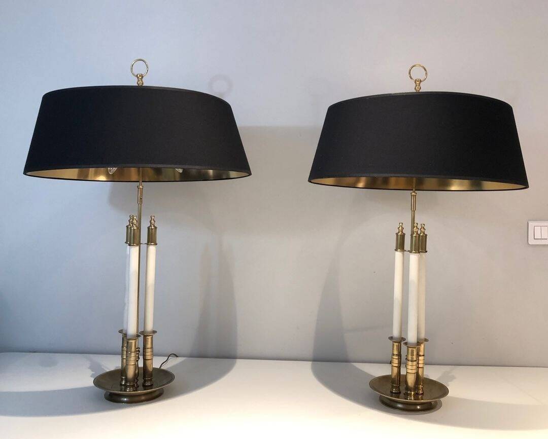 Pair of Brass and White Lacquer Table Lamps, Neoclassical Style, Tr