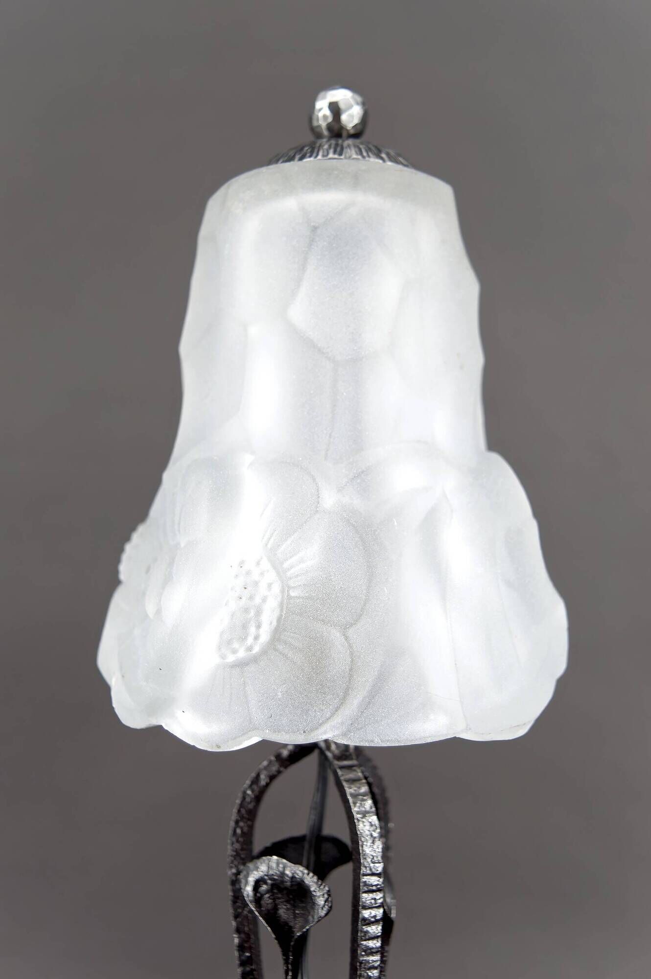 Art Deco Wrought Iron Lamp, Floral Tulip signed Degué, France, c. 1930