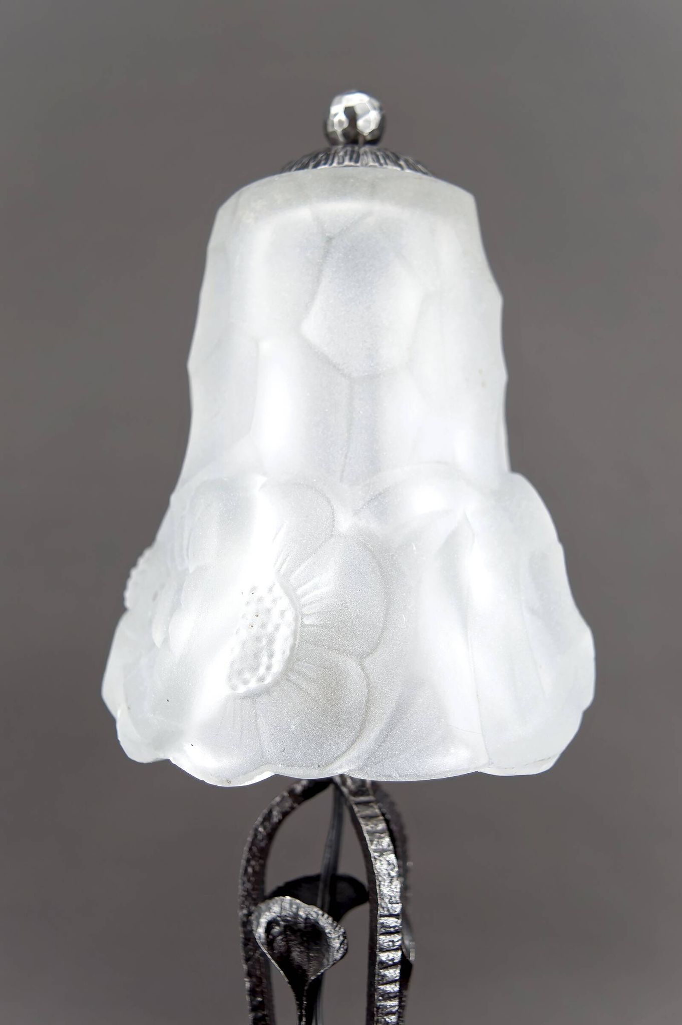 Art Deco Wrought Iron Lamp, Floral Tulip signed Degué, France, c. 1930