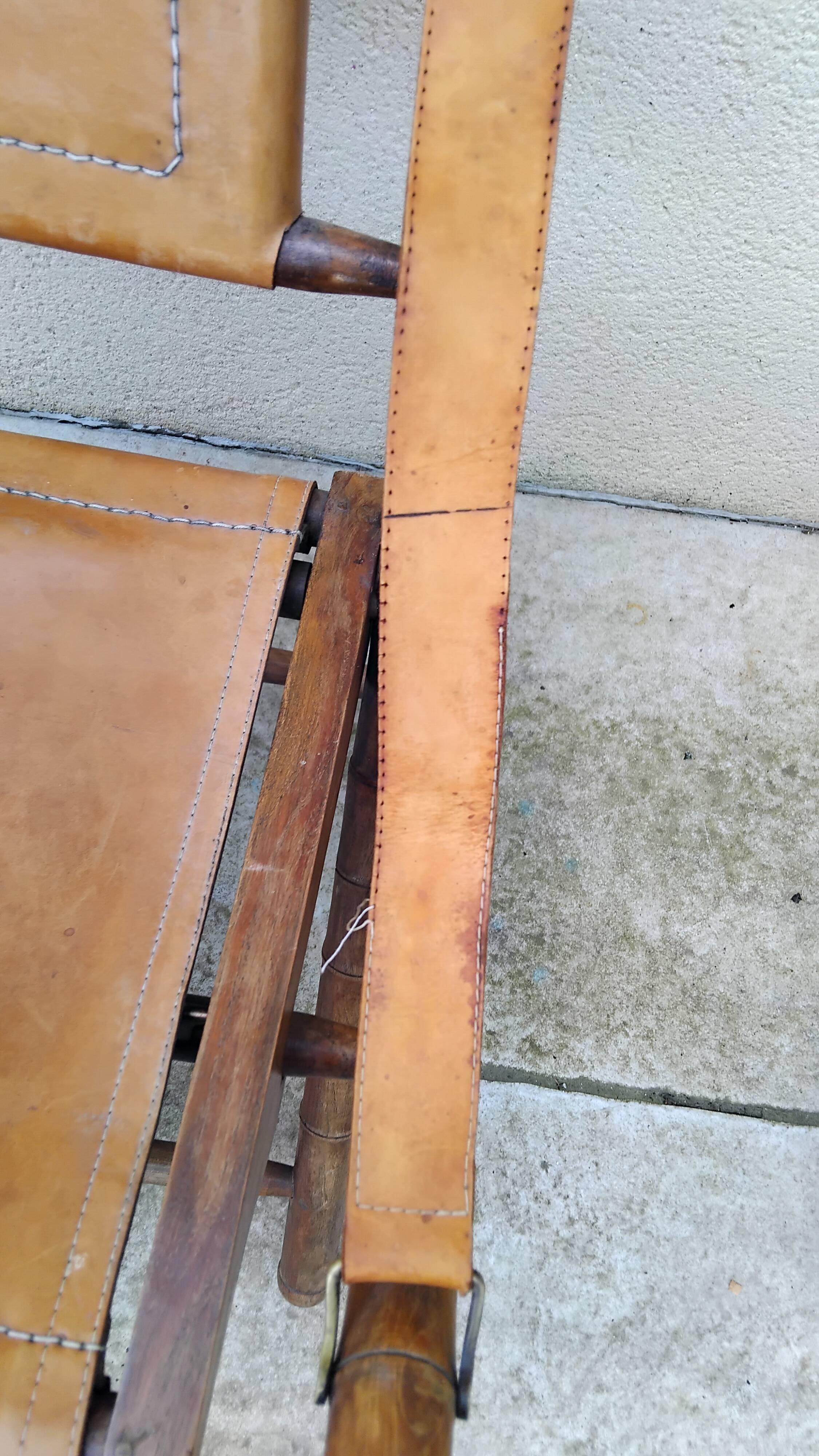 Vintage leather and wood folding chair SAFARI pair