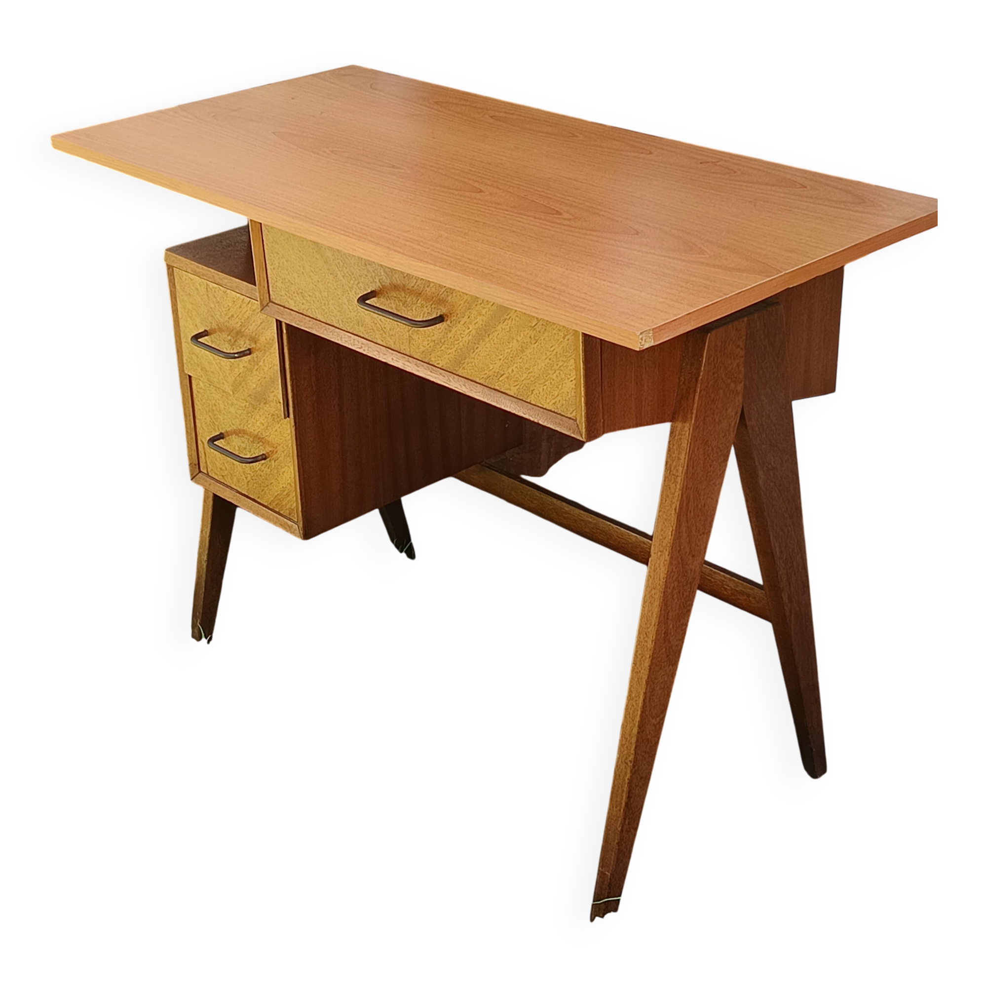 Bureau vintage années 50 pieds compas – bois clair – 100 x 50 cm