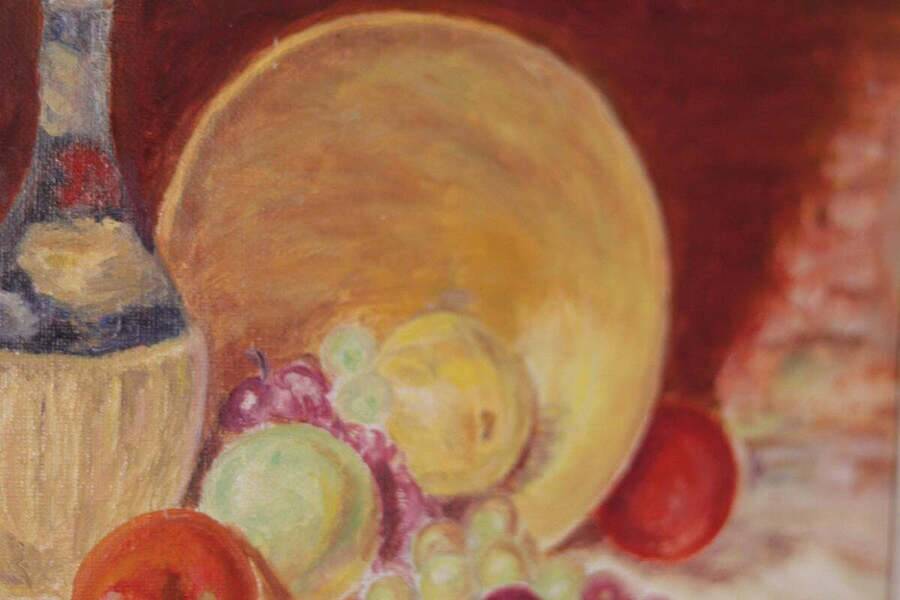 Original Swedish oil on canvas – “Still Life with Fruit and Bottle” by A.K. – vintage & framed – 40 × 48 cm (15.7" × 18.9")