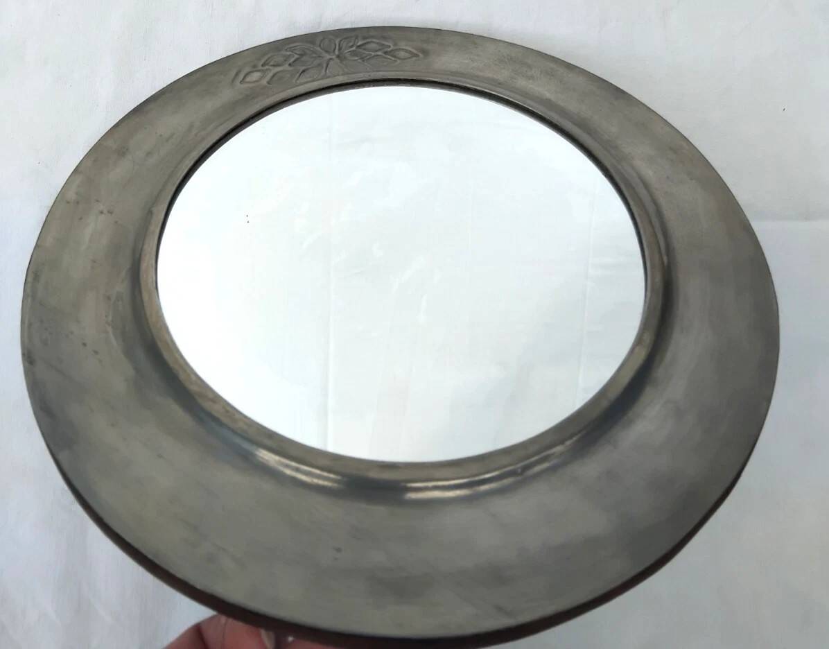 Vintage Round Wall Mirror with Pure Tin Frame D: 24.5 cm