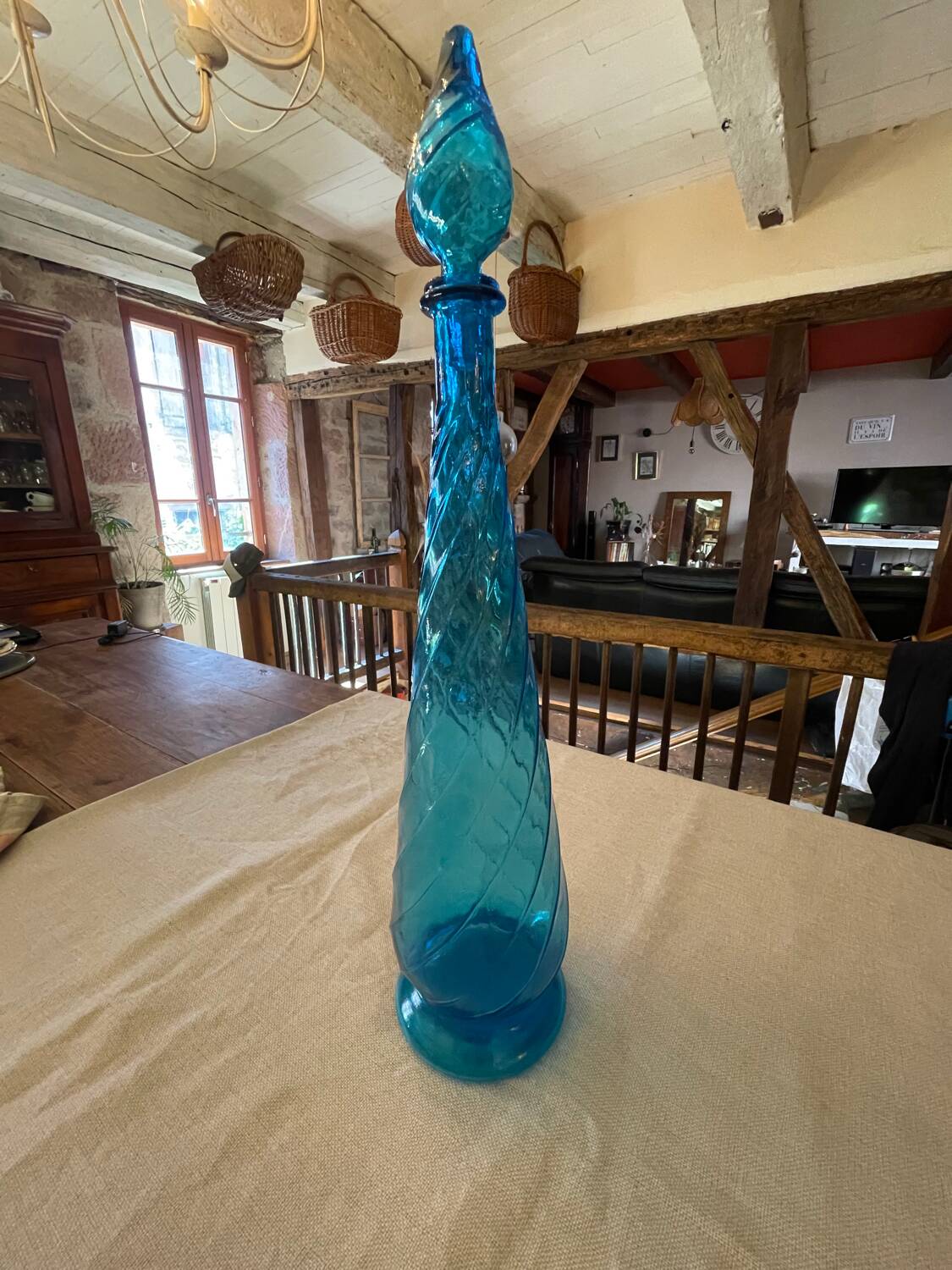 Vintage Empoli blue glass genie carafe