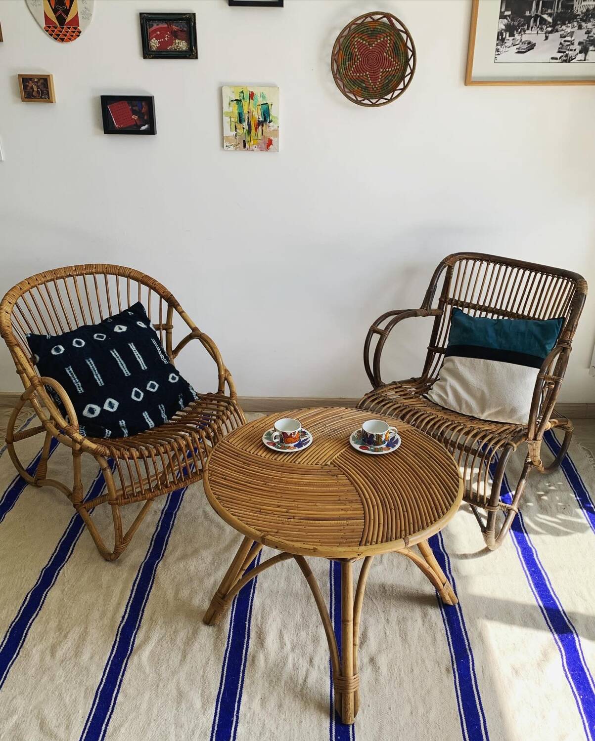 Vintage rattan and bamboo coffee table