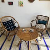 Table basse vintage en rotin et bambou