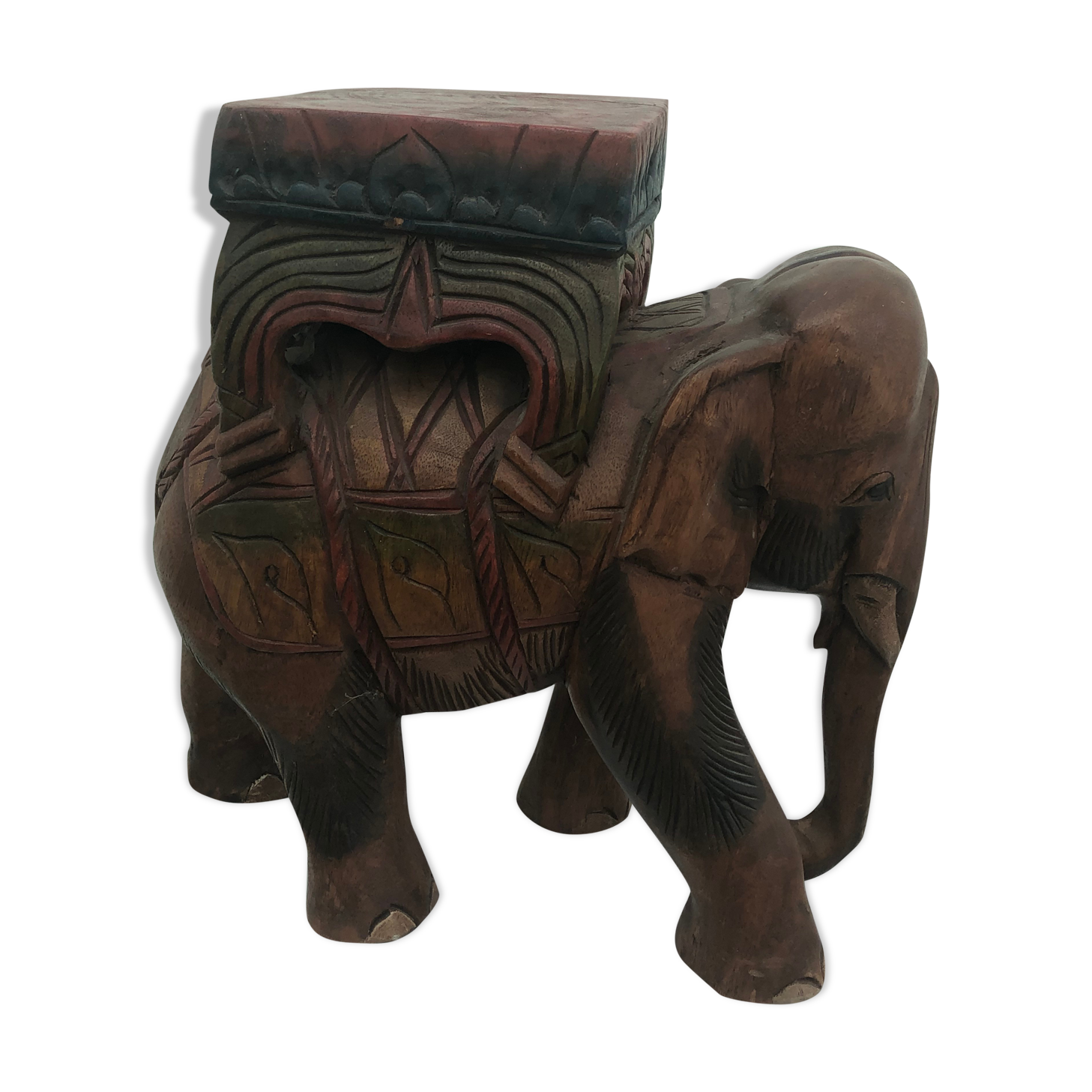 Tabouret éléphant en bois sculpté polychromie