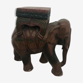 Tabouret éléphant en bois sculpté polychromie