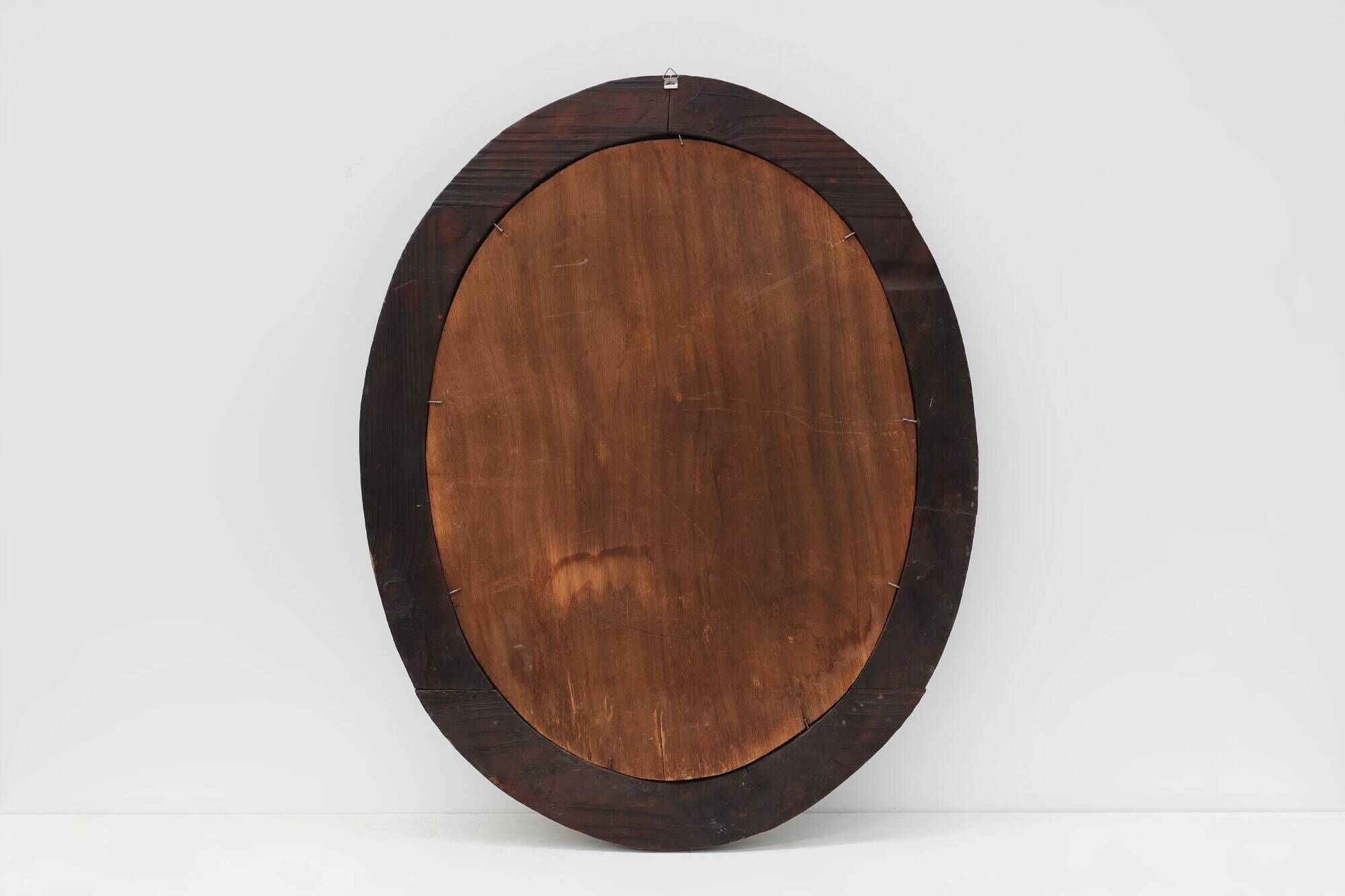 Spanish Brutalist Oval Mirror in Hand-Carved Wood with Brass Studs