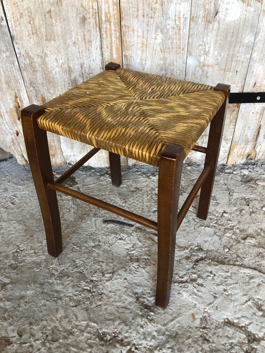Wooden stool + vintage woven straw seat