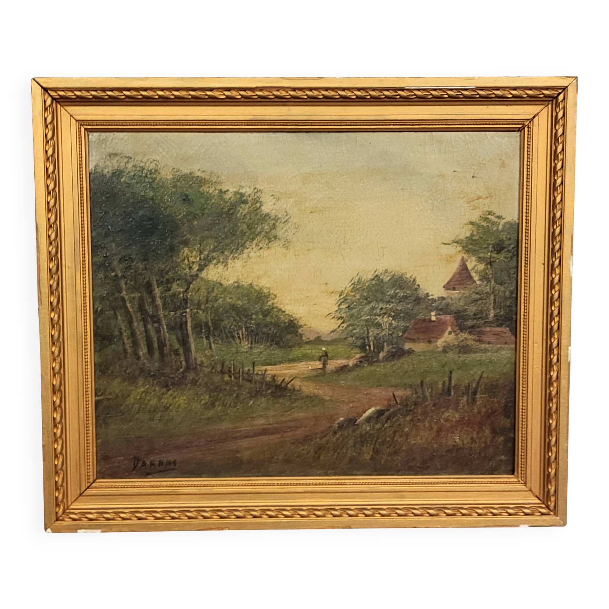 HC Darn (N°2) : Huile sur toile représentant un paysage de campagne animé