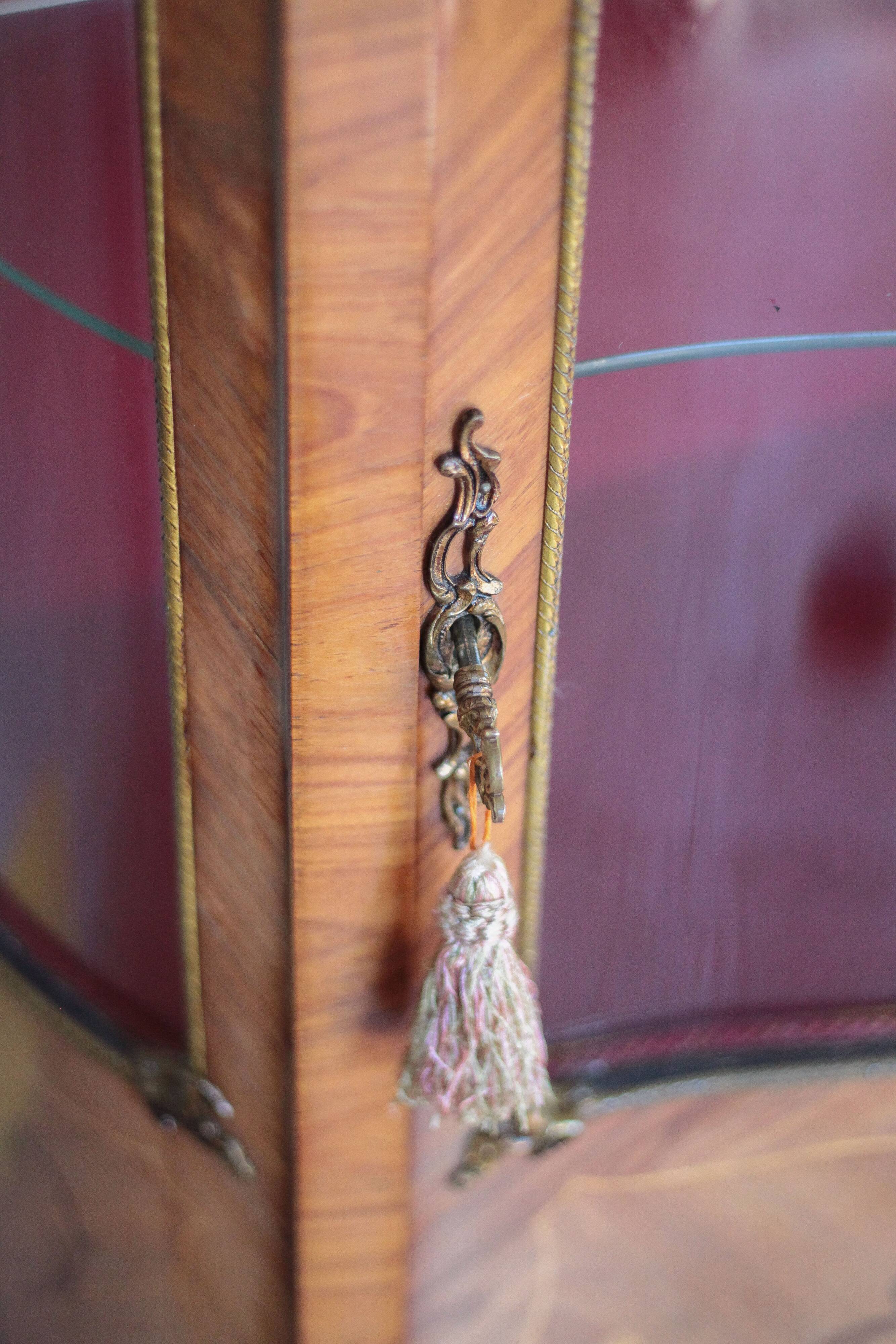 Marquetry display cabinet, curved Louis XV style, signed Marquant