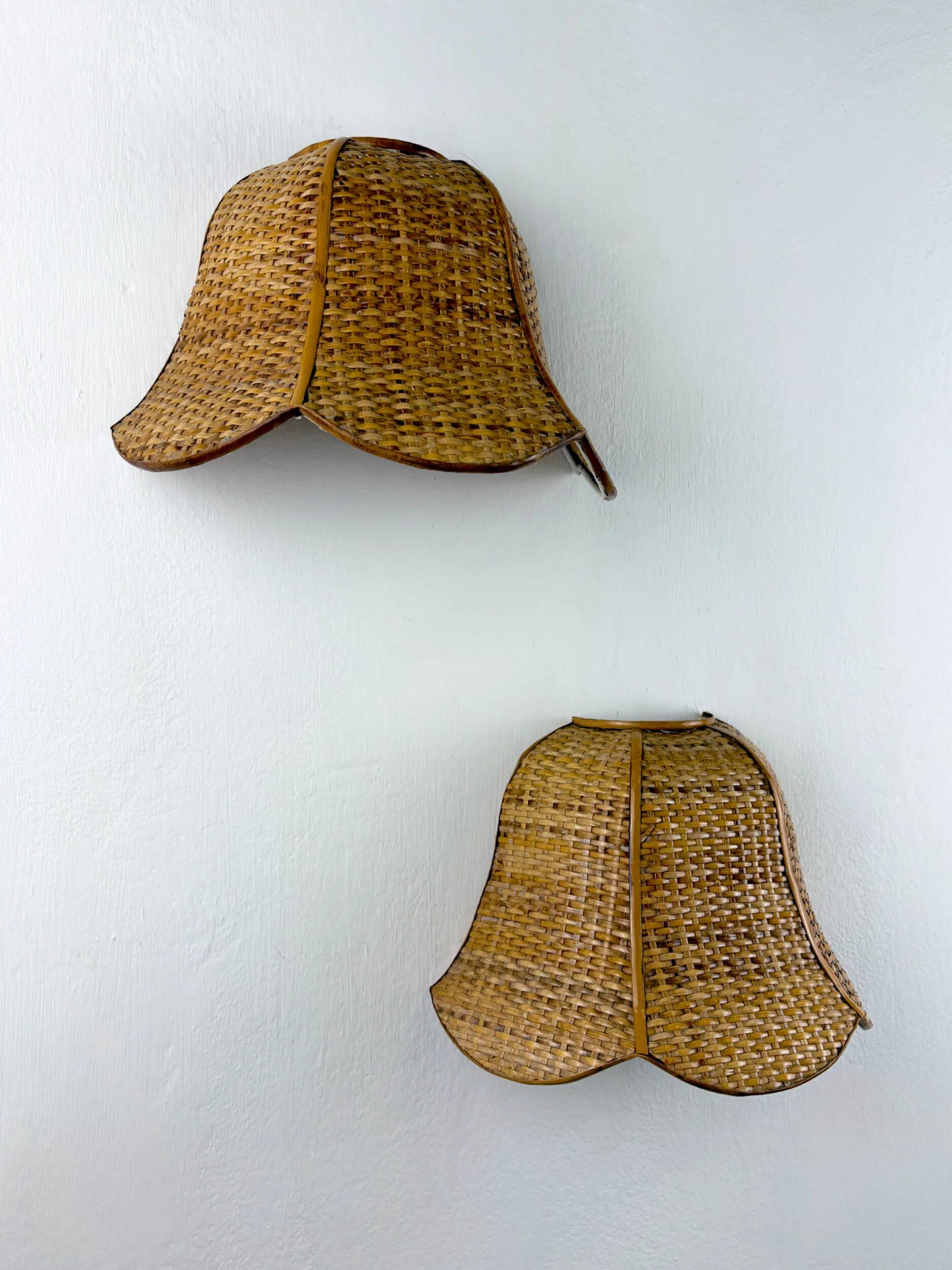 Pair of vintage woven rattan wall shades, Italy 1970s