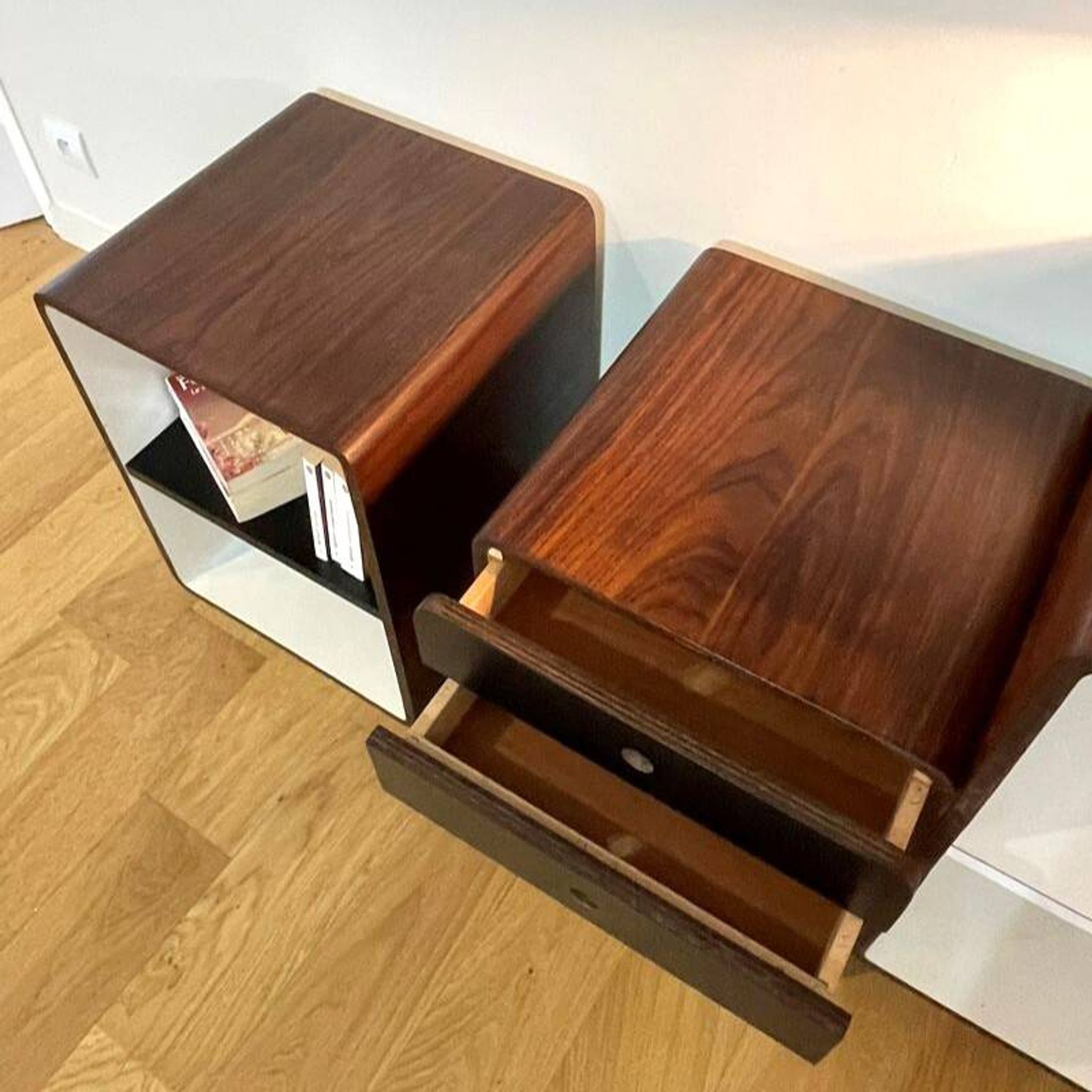 Vintage 1970s Space Age bedside tables in wood and black.