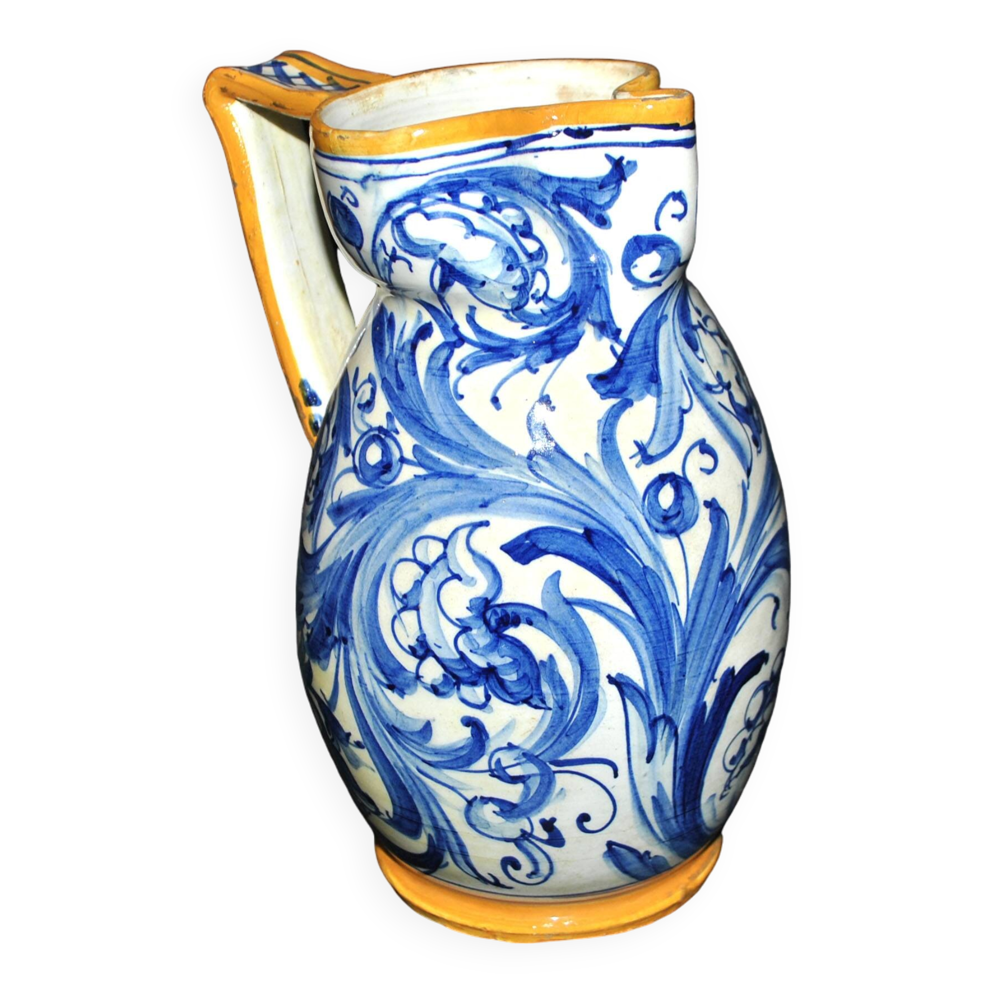 Large Italian ceramic pitcher barbotine majolica blue and yellow decoration