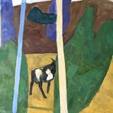 Mid-Century Modern "Modernist Cow" Swedish Vintage Landscape Oil Painting by Ture Fabianssonb