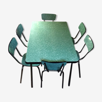 Formica vintage green table and opaline - 6 matching chairs