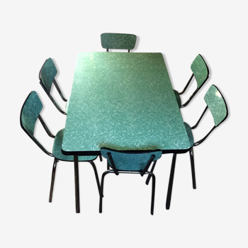 Table formica vintage vert opaline + 6 chaises assorties