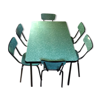 Formica vintage green table and opaline - 6 matching chairs