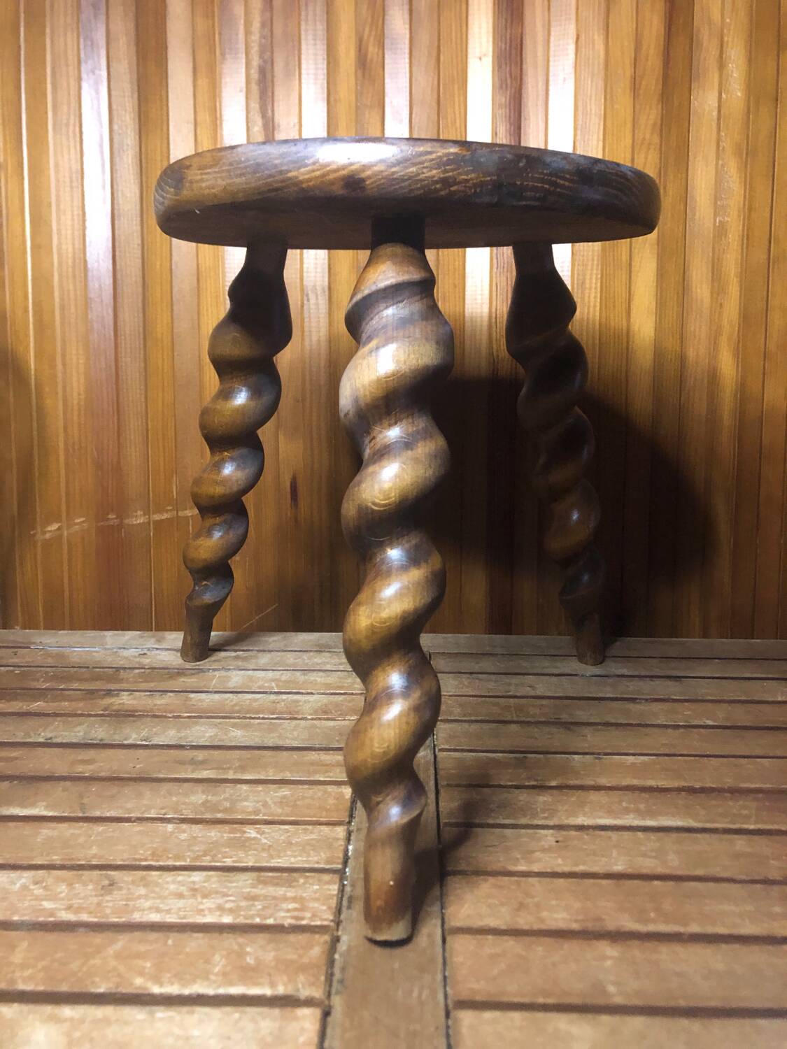 Charles Dudouyt style tripod milking stool vintage twisted wood #a583