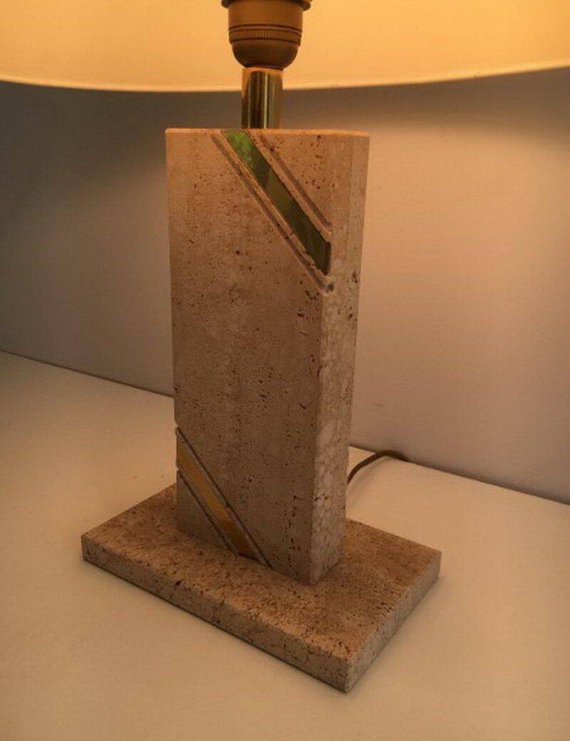 Travertine lamp with brass inlay