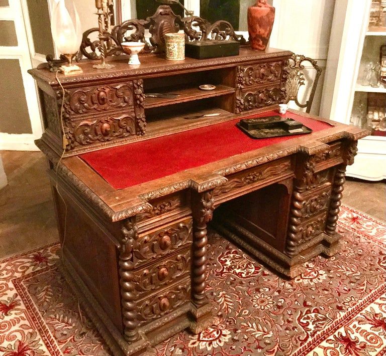 Hand-carved wooden desk in neo-renaissance style Henri II around 1870