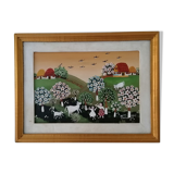 Oil painting on naïve vintage canvas with gilded wooden frame
