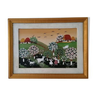 Oil painting on naïve vintage canvas with gilded wooden frame