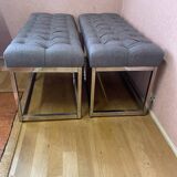 Pair of benches in chrome metal and padded gray fabric