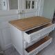 Vintage chest of drawers with pearl gray patina and waxed finish, 3 drawers, wooden top.