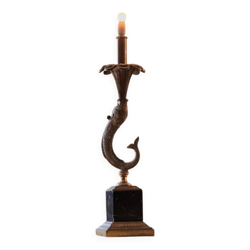 Lampe sculpturale vintage avec dauphin en bronze sur base en marbre noir -Holl