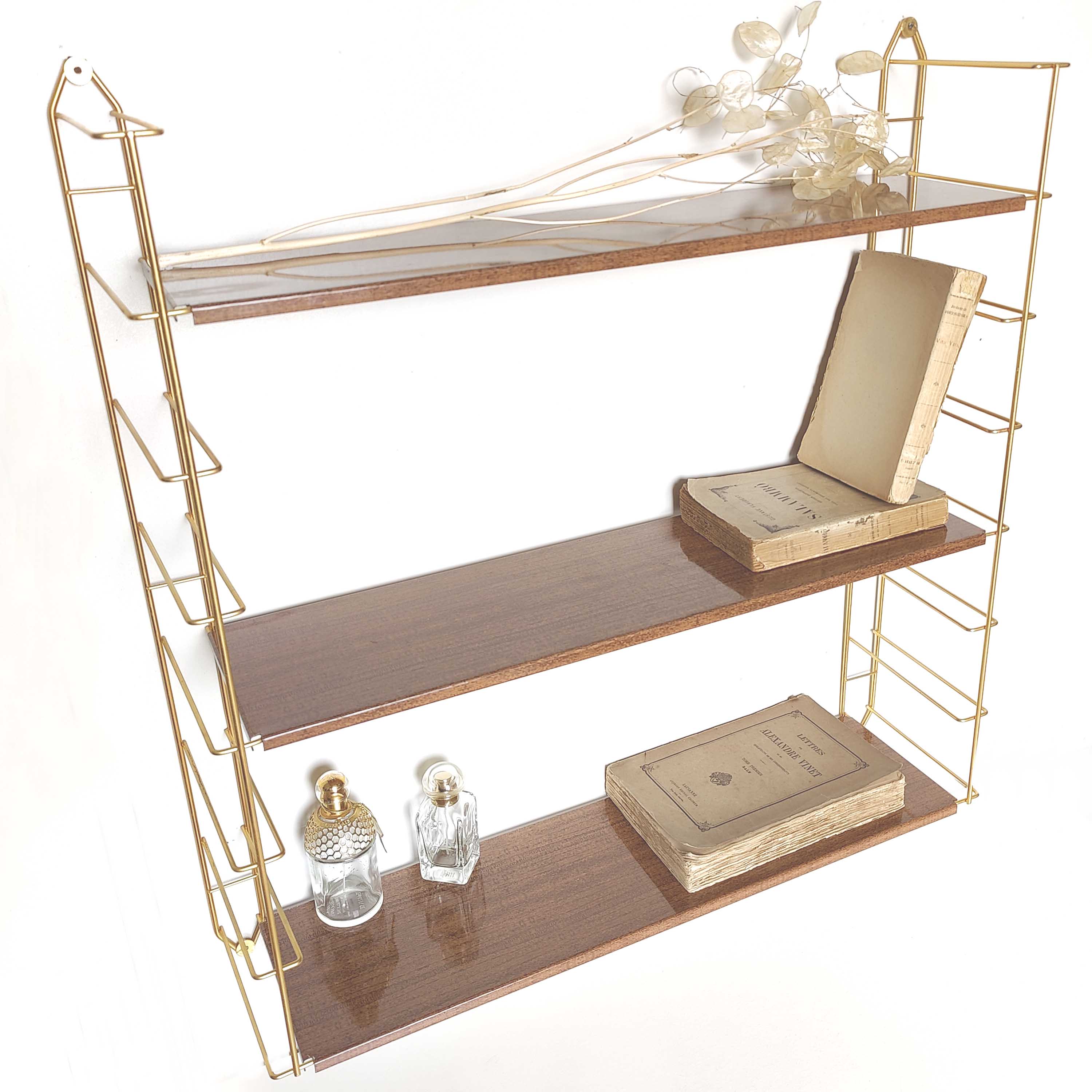 Vintage wall shelf gilded metal and wood style