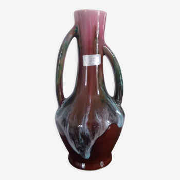 Vase Vallauris marron, rose, vert, blanc style amphore