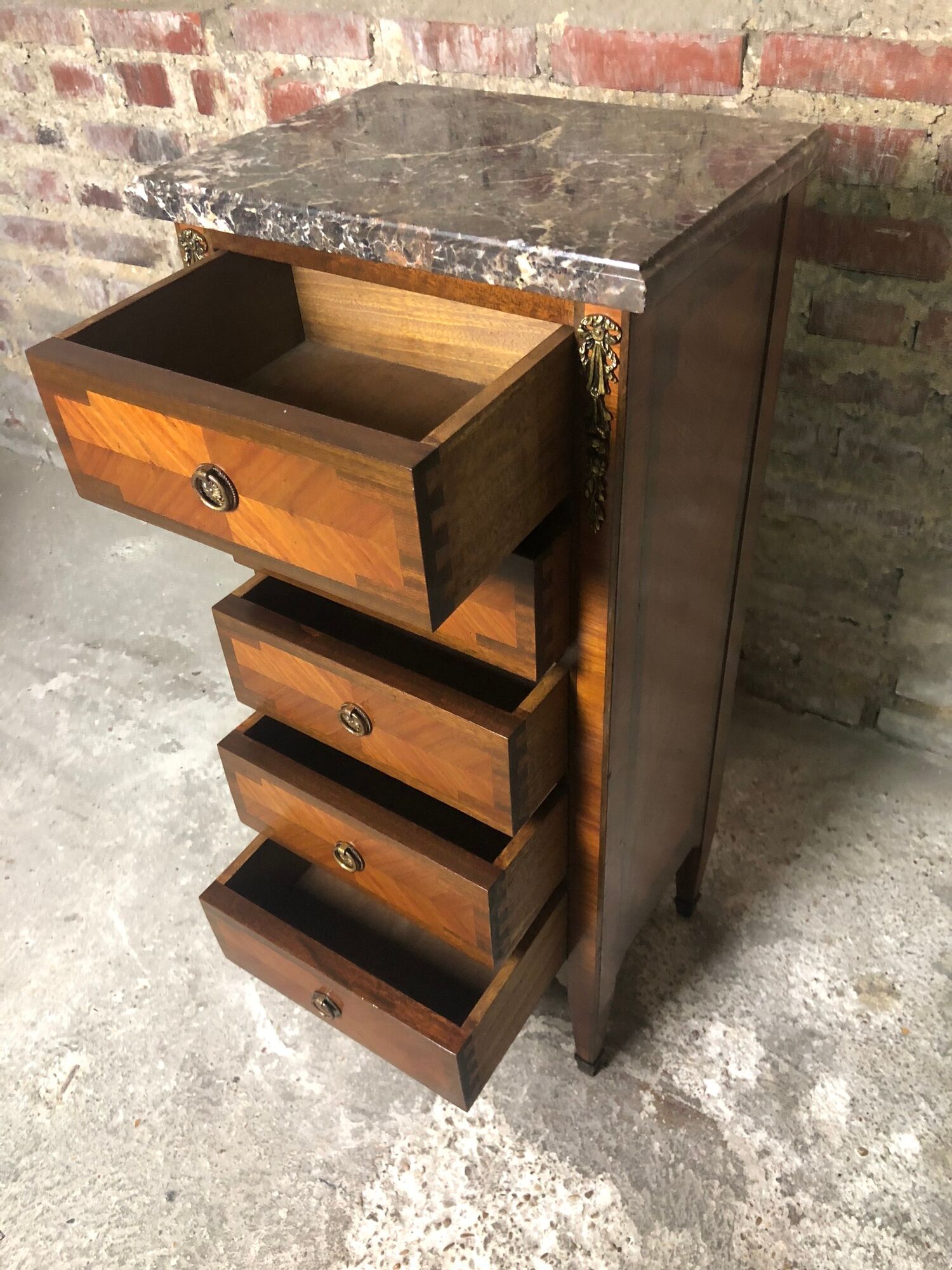 Chiffonnier / small furniture style Louis XVI marquetry on marble and bronze