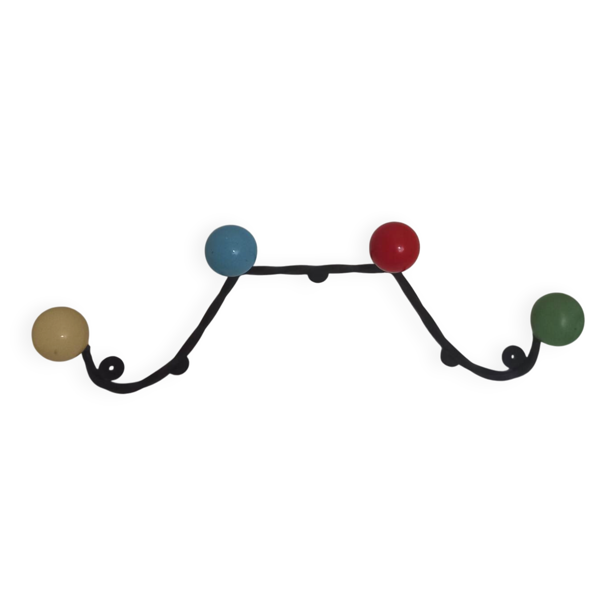 Vintage wall coat rack "Atomic" in wrought iron with multicoloured balls.