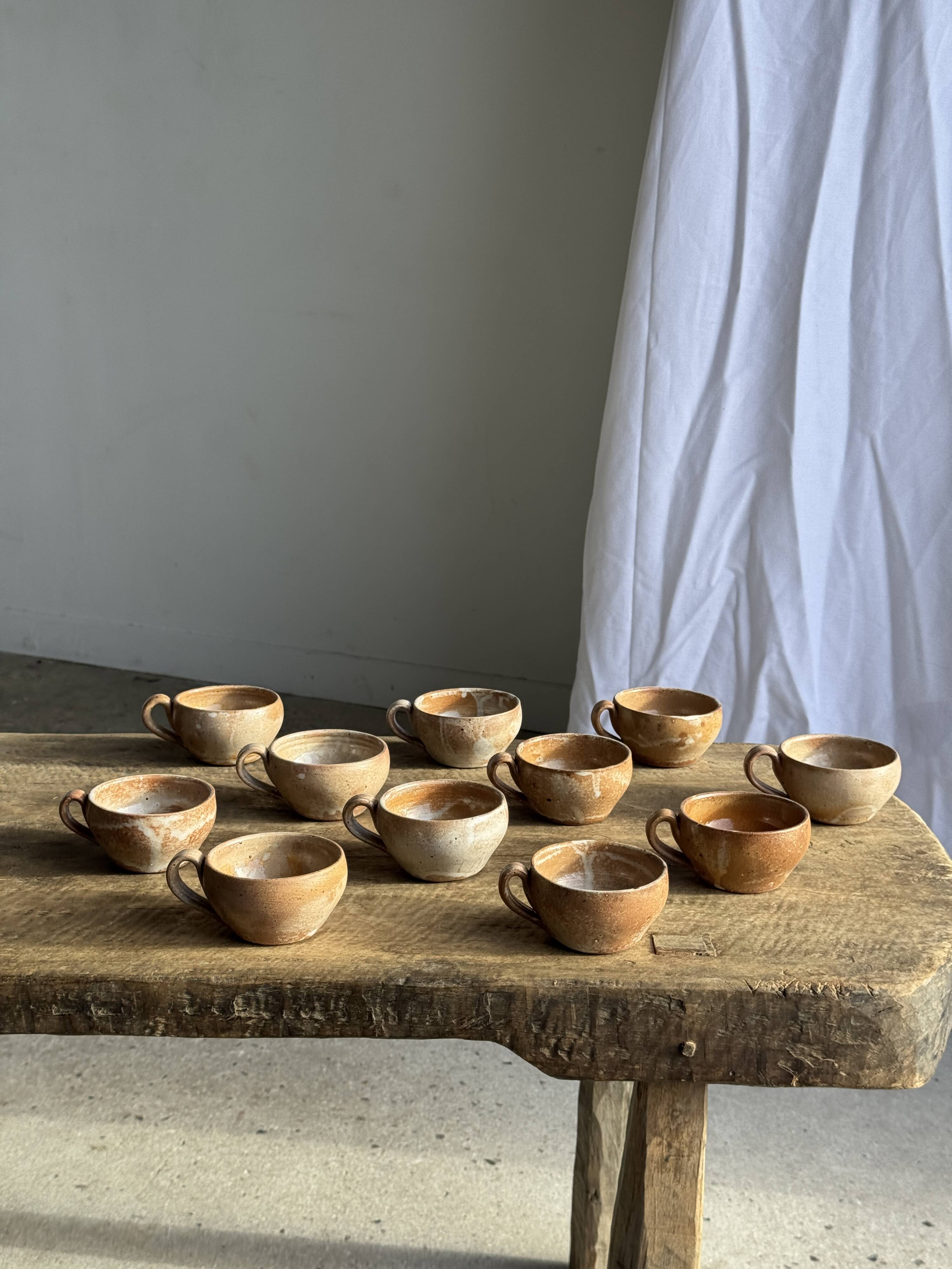 Set of 11 vintage coffee cups, raw matte stoneware H11
