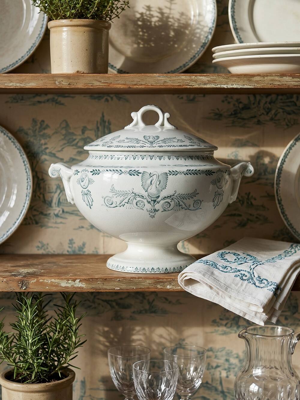 Large antique soup tureen K&G Lunéville Compiègne model in ironstone.