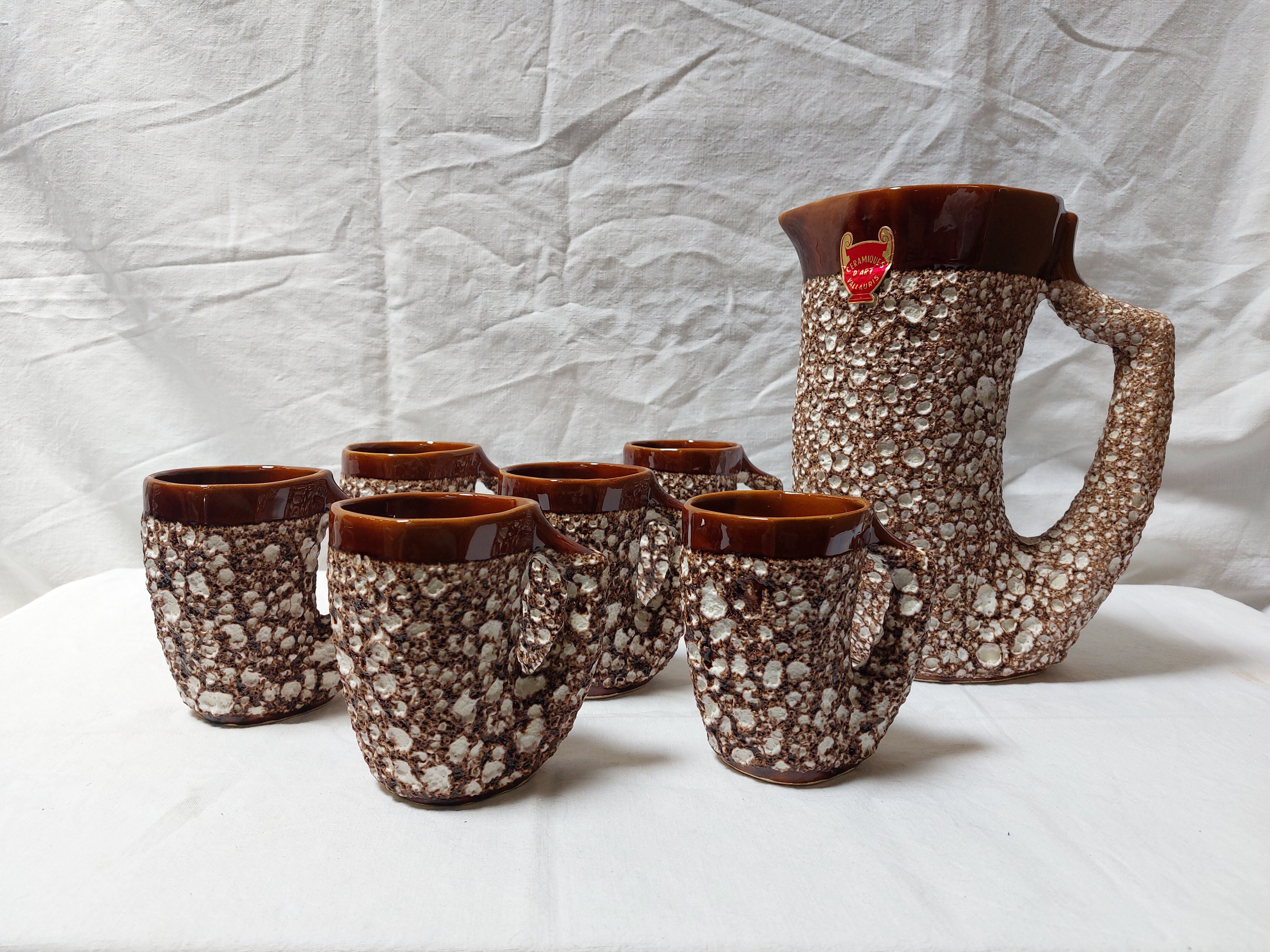Vintage Vallauris orangeade service with 6 brutalist ceramic glasses.