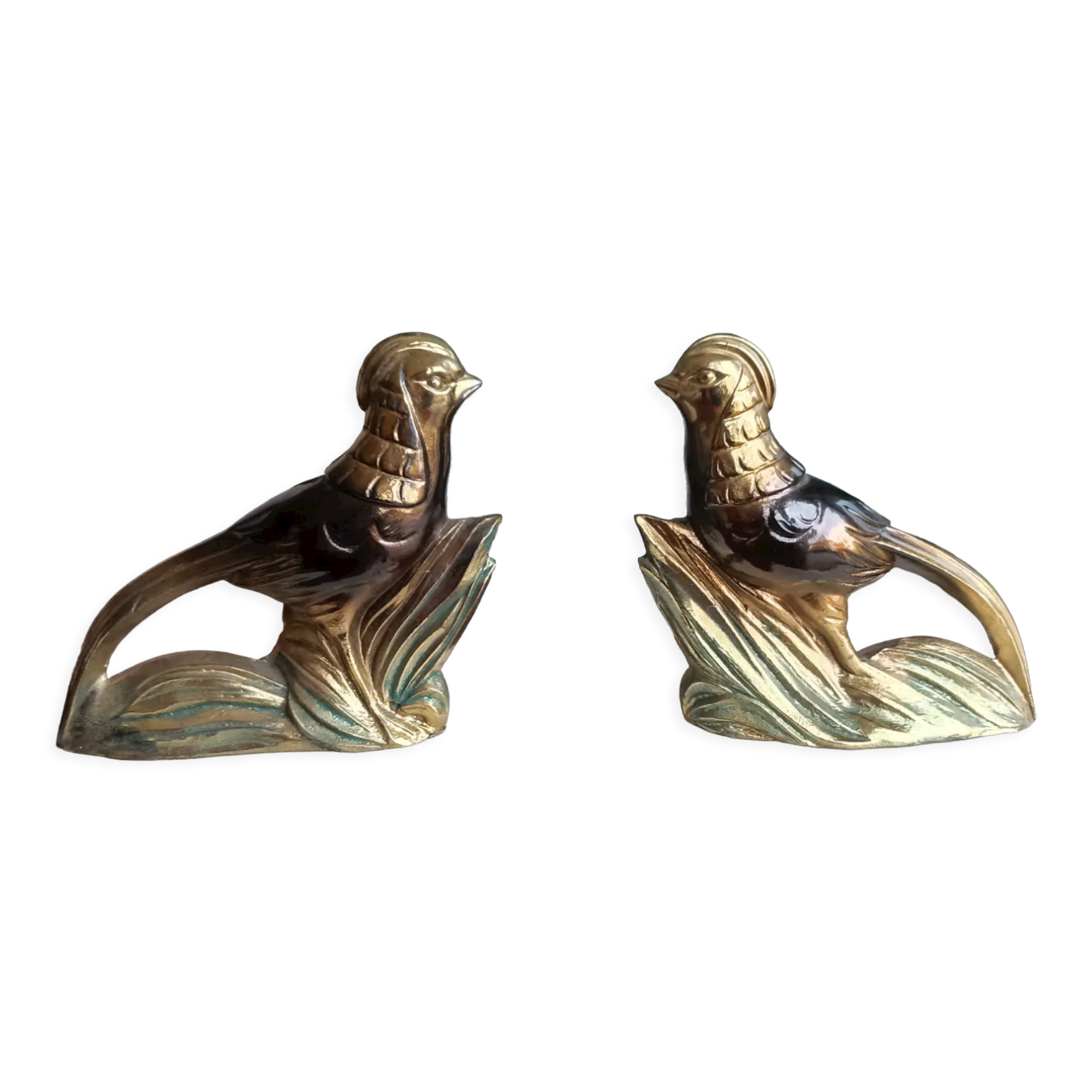 Marble and zinc art bookends - Pheasants